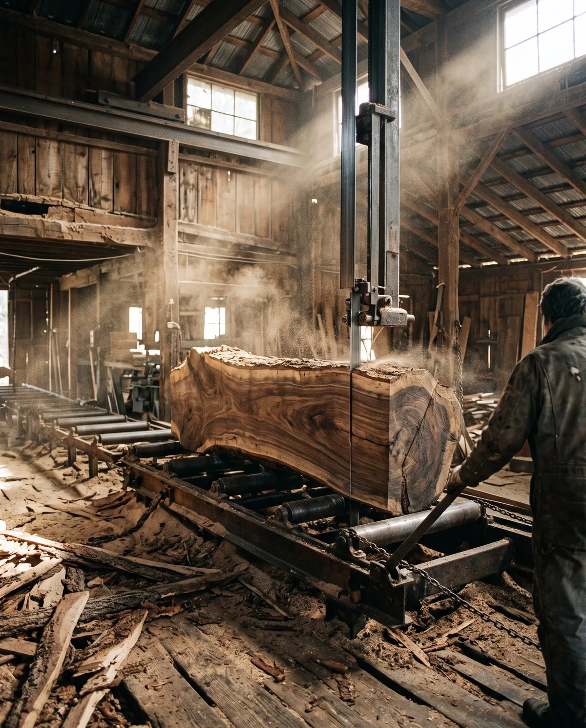 A walnut log being opened on an old bandsaw, sawdust in the light
