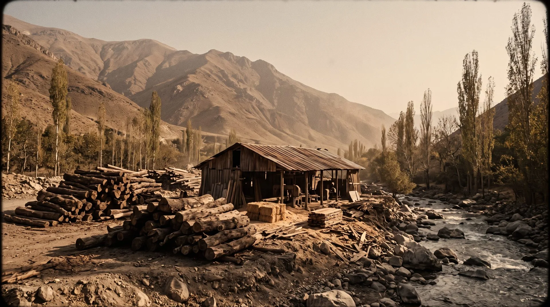 An old timber sawmill beside a mountain river, logs piled on the bank — an archival-style reconstruction