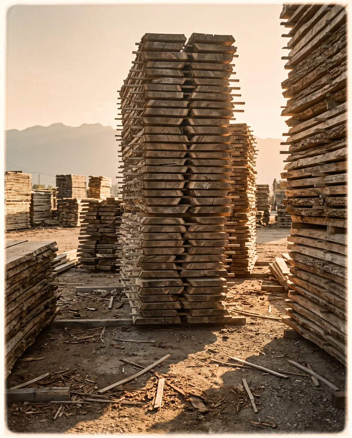 Stacks of walnut planks drying in a timber yard at golden hour