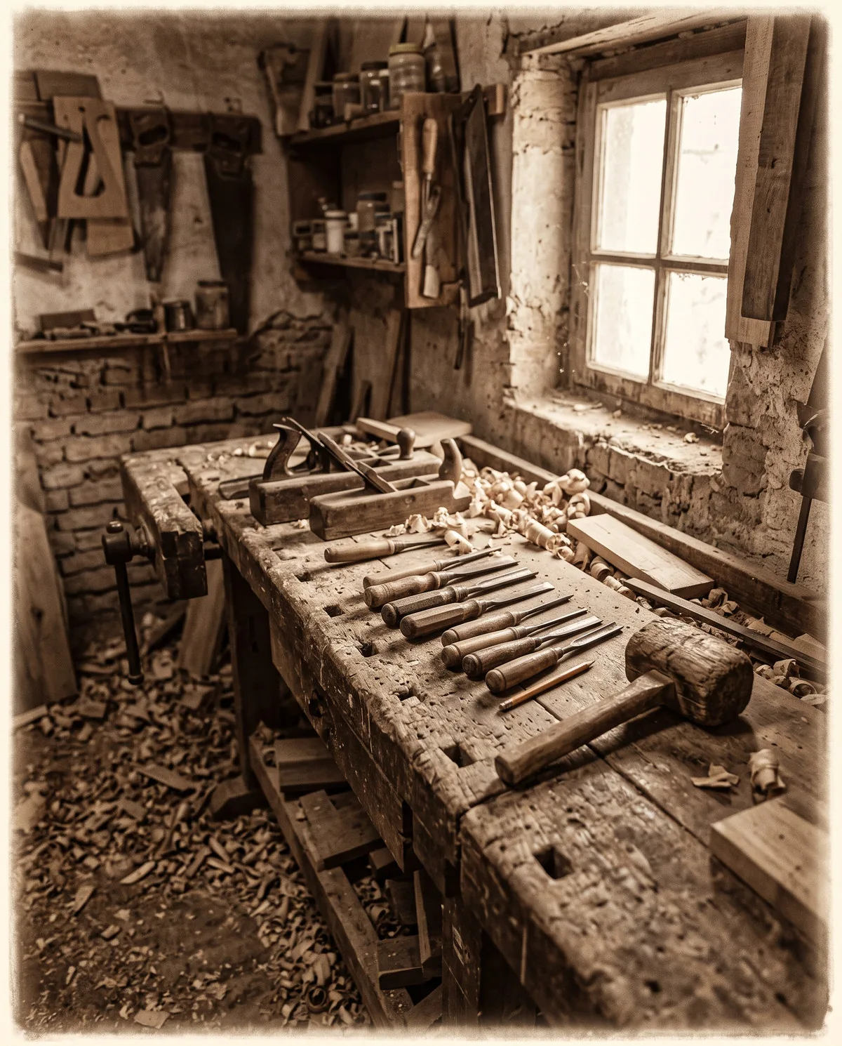 An old woodworker's bench with hand planes, gouges and shavings